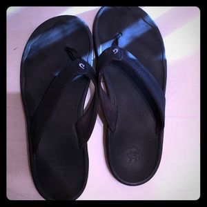 Olukai Black Leather Flip Flops